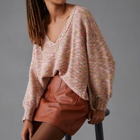 [Anthropologie] Pilcro Space Dye Deep-V Neck Puff Sleeve Sweater Medium - Picture 1 of 7